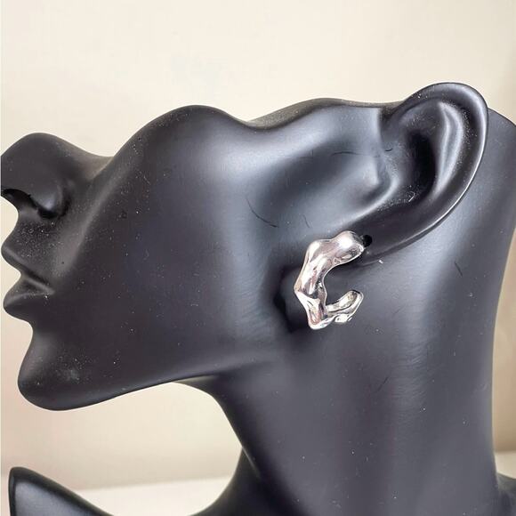 New Earrings Molten Metal Silver Hoop 2025 Trendy Jewelry Trend JU03 - Picture 5 of 7